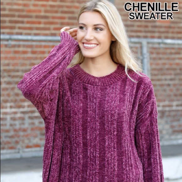 Zenana Outfitters Sweaters - Oversized chenille velvet yarn sweater in plum